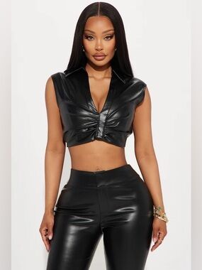Fashion Nova Free Spirit Faux Leather Blouse Top - Black